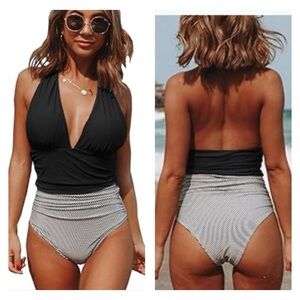 NWT Beachsissi One Piece Swimsuit Halter Deep V Neck Backless Retro Stripe Black